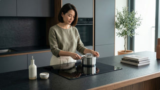 Woman cooking with a stainless steel pot on an induction cooker in a sleek Singapore kitchen
