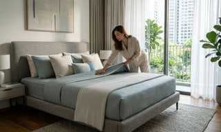 Woman arranging a blue Intero bedsheet on a grey fabric bed in a bright Singapore condo bedroom.