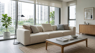 Modern Singapore condo living room with large windows, neutral sofa, coffee table and bright natural light for inverter aircon comfort.
