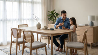 Father and daughter beside a light wood Japandi dining table with rattan chairs in a bright Singapore dining room.