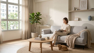 Japandi living room in Singapore with a low grey sofa, round wood coffee table, neutral curtains, indoor plant and ceramic decor