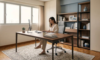 Woman working at a wooden desk in a spacious jumbo flat study with built-in shelving, wardrobe storage and natural window light.
