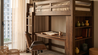 Kids loft bed in a Singapore HDB bedroom with safe ladder, storage space, and compact layout