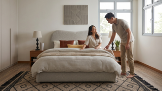 King bed frame in a BTO master bedroom with clean layout and practical walkway clearance