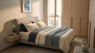 King bed frame in a compact Singapore shoebox bedroom with wardrobe, wall-mounted side table, and warm daylight.