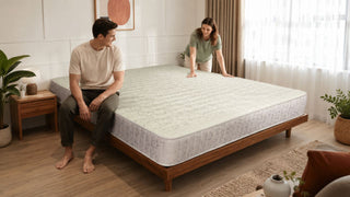 Spacious king mattress on a wooden bed frame in a bright Singapore bedroom with a couple arranging the room.
