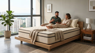 Couple relaxing on a king size bed with wooden frame in a bright Singapore master bedroom