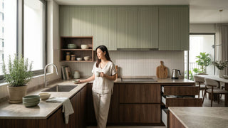Woman standing in a Singapore kitchen with open cabinet drawers showing the importance of drawer clearance before buying kitchen cabinets