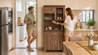 Freestanding kitchen storage cabinet in a bright modern Singapore kitchen with a couple organising dishes.