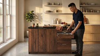 Man organising kitchen utensils in a wooden drawer in a warm Singapore kitchen with island storage and natural light