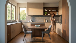 Modern Singapore kitchen with dining area and wall fan for better airflow