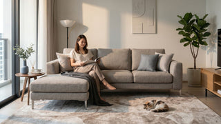 L-shape fabric sofa with chaise in a warm Singapore living room with a woman reading and a cat resting nearby.