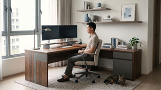L-shaped wooden desk with dual monitors in a bright Singapore home office with ergonomic chair and pet cat