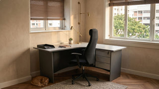 L-shaped work desk with office chair, desk lamp and drawers in a compact Singapore HDB study corner