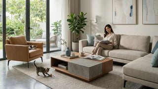 Woman reading on a sofa in a landed home living room with a wooden coffee table, armchair, garden view, and clear walkway space