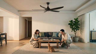 Couple playing with a cat under a large ceiling fan in a spacious Singapore living room