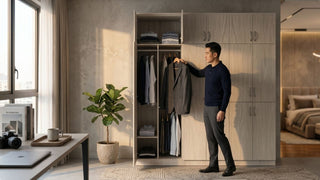 Man choosing a blazer from a large light wood wardrobe with shelves and hanging storage in a modern bedroom
