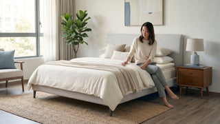 Woman sitting on a latex mattress in a bright Singapore bedroom with neutral bedding and wooden bedside furniture.
