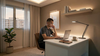 Young man working in a Singapore home office with layered smart lighting, desk lamp, and pendant light