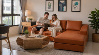 White couple relaxing on a leather L-shaped sofa in a modern Singapore condo living room