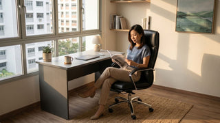 Woman relaxing on a black leather office chair in a warm Singapore home office with a compact desk and window view