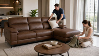 Brown leather sofa in a modern Singapore living room with a couple tidying cushions and throws