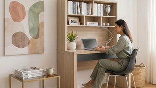 Woman using a laptop at a light wood computer desk with storage shelves in a cosy Singapore work corner