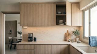 Light wood top hung kitchen cabinet with open shelving above a compact countertop in a Singapore home.