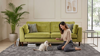Woman playing with a kitten with lime green sofa with gray rug, wooden coffee table, indoor plants, and cream wall panels in a modern living room