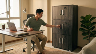 Man using a lockable storage cabinet beside a work desk in a warm Singapore home office