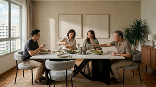 Long 2m dining table with six chairs in a modern HDB dining space