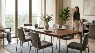 Long wooden dining table with grey chairs in a bright Singapore condo dining room