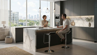 Low-back bar stools at a modern marble kitchen island in a bright Singapore condo with a couple entertaining
