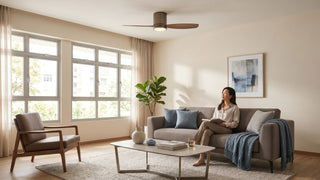 Low-ceiling Singapore living room with a flush-mount ceiling fan, neutral sofa, coffee table and soft daylight.