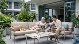 Malay couple relaxing on a low outdoor sofa with cats, coffee table, and tropical plants on a Singapore patio.