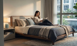 Woman reading on a low wooden platform bed frame in a modern Singapore condo bedroom with warm daylight.