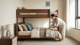 Woman arranging bedding on a low wooden bunk bed in a bright Singapore bedroom.