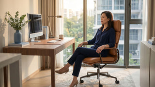 Woman seated in a brown leather luxury desk chair beside a wooden home office desk in a bright Singapore apartment.