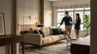 Man and real estate agent reviewing a floor plan in a furnished HDB 2 Room Flexi flat