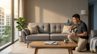 Man checking a used grey sofa in a modern Singapore living room