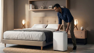 Man placing a room dehumidifier beside a bed in a modern Singapore bedroom