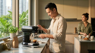 Man making coffee with a black espresso machine in a bright Singapore kitchen with warm morning light