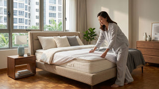 Woman airing a mattress in a bright Singapore bedroom to reduce humidity buildup