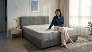 Woman checking mattress comfort on a grey upholstered bed in a modern Singapore home