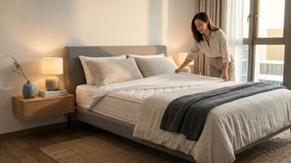Woman fitting a white mattress cover on a bed in a modern Singapore bedroom with warm neutral decor.