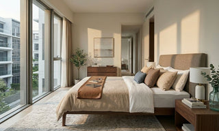 Modern Singapore condo bedroom with queen mattress, bedside table, and clear delivery access near large windows.