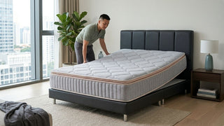 Man setting up a grey mattress on a bed frame in a bright Singapore condo bedroom