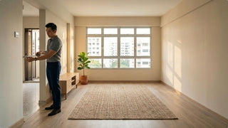 Man measuring a doorway in an empty Singapore flat before online furniture delivery