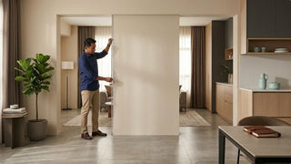 Man measuring a wall opening to check fridge size and delivery clearance in a Singapore home