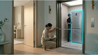 Woman measuring a lift opening while a delivery crew moves a wrapped refrigerator into a Singapore condo building